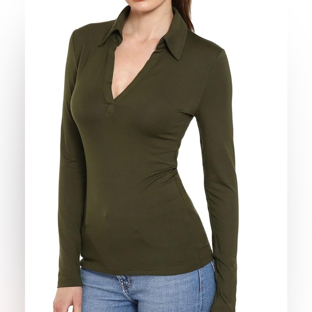 AmélieBoutik Women Collar V Neck‎ Long Sleeve Polo Shirt. Olive Green Size M
